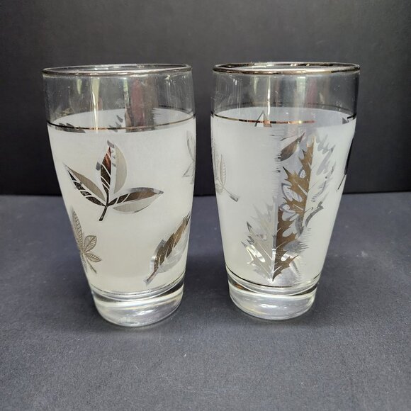 Vintage MCM Libbey Silver Frosted Leaf Tumbler Glasses 5.5'' Tall - Set Of 2 - Picture 2 of 9